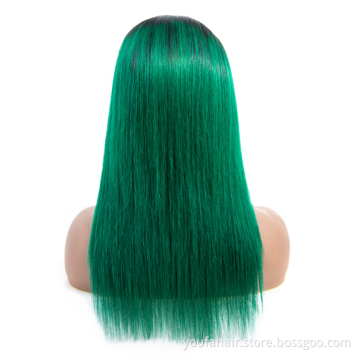 Natural Brazilian Straight Human Hair Wigs Ombre 1b Green Lace Closure Remy Long Wigs 180% Density Pre Plucked with Baby Hair